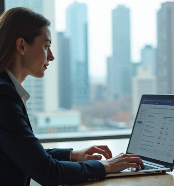 Un professionnel utilisant un ordinateur portable pour consulter des documents officiels au bureau