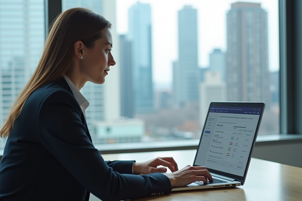 Un professionnel utilisant un ordinateur portable pour consulter des documents officiels au bureau