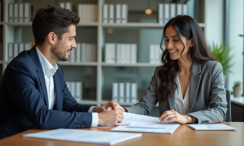 Deux professionnels en réunion échangeant des documents dans un bureau moderne