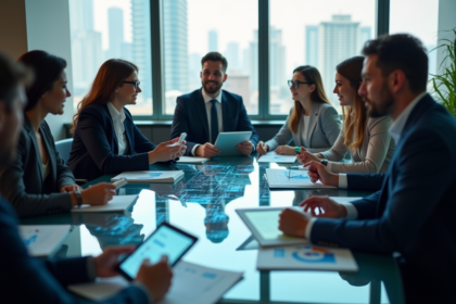 Groupe de professionnels discutant d'innovations en réunion