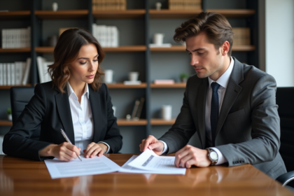 Femme et jeune homme en réunion d'affaires avec documents légaux