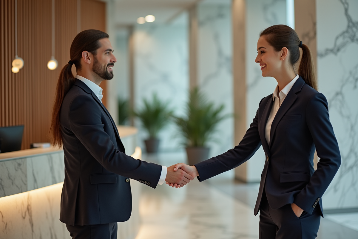 Jeune femme réceptionniste accueillant un visiteur dans le lobby