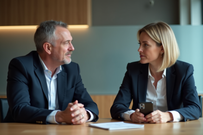 Homme et femme en réunion d'affaires sérieuse