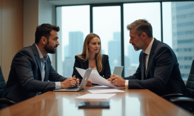 Trois professionnels en réunion dans un bureau moderne