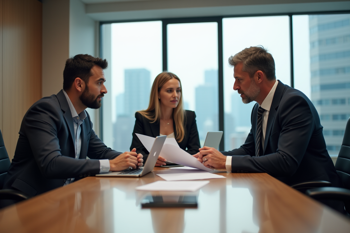 Trois professionnels en réunion dans un bureau moderne