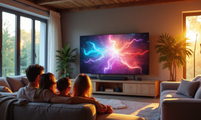 Salon moderne avec famille regardant la télévision