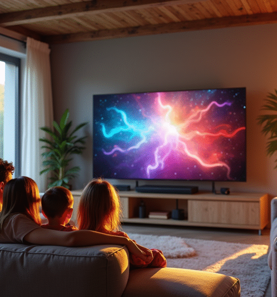 Salon moderne avec famille regardant la télévision