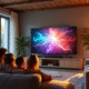 Salon moderne avec famille regardant la télévision