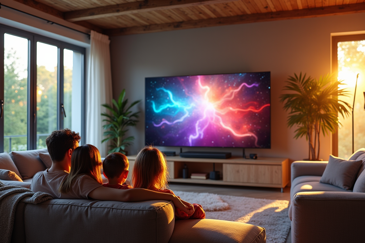 Salon moderne avec famille regardant la télévision