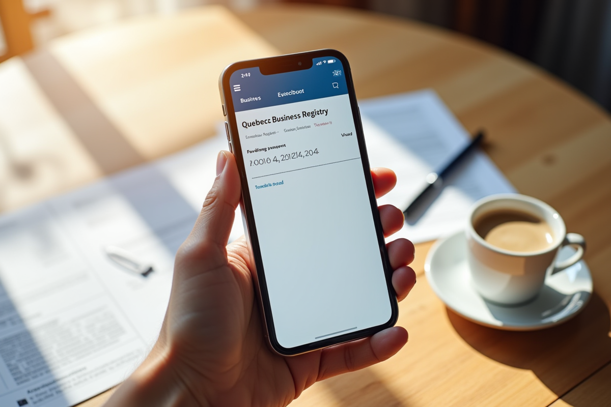 Un smartphone affichant le site du registre des entreprises du Quebec sur une table ensoleillée