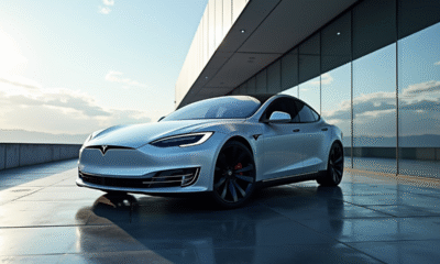 Tesla Model S élégante devant un bâtiment futuriste