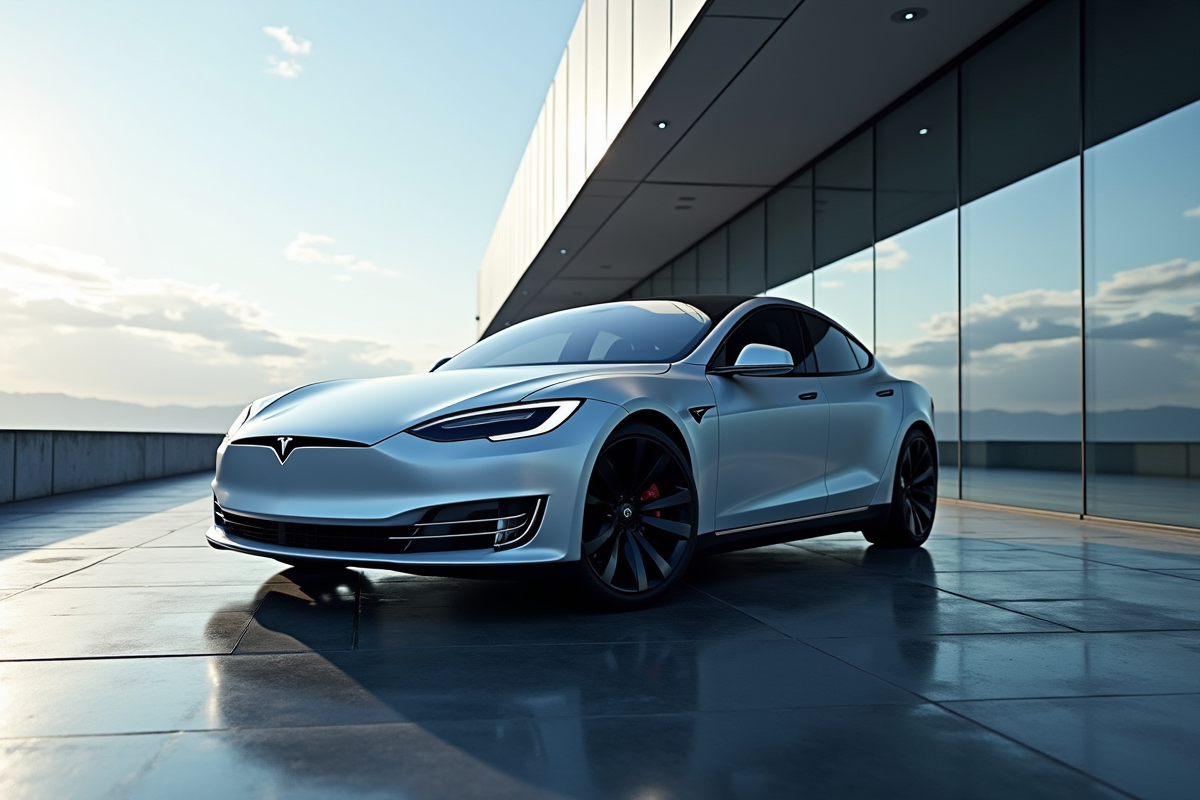 Tesla Model S élégante devant un bâtiment futuriste